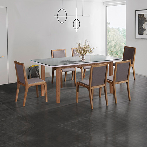 Galaxy Wooden Glossy Dining Table With Linen Upholstered 6X Chairs
